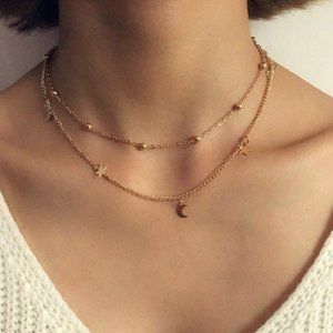 Layered Stars & Moon Necklace [Gold]